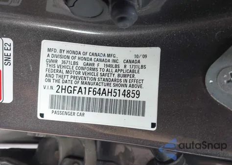 2010 Honda Civic Lx-S z USA, uszkodzony, nr VIN 2HGFA1F64AH514859